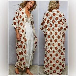 NEW Pol Crochet Maxi Duster 3/4 Sleeve Floral Pattern Open Cardigan Top Choco